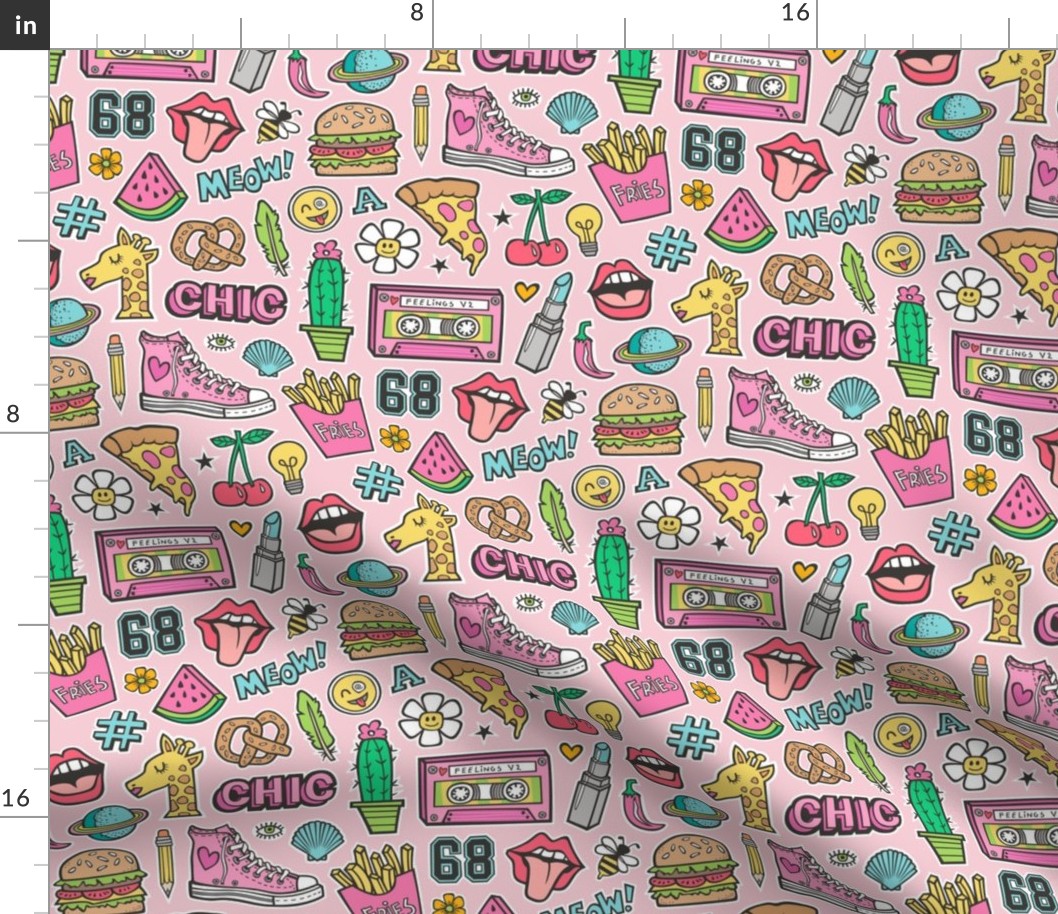 90's Vintage Patches Stickers Doodle Audio Tape, Cactus, Watermelon, Pizza, Hamburger, Fries & Shoes on Pink