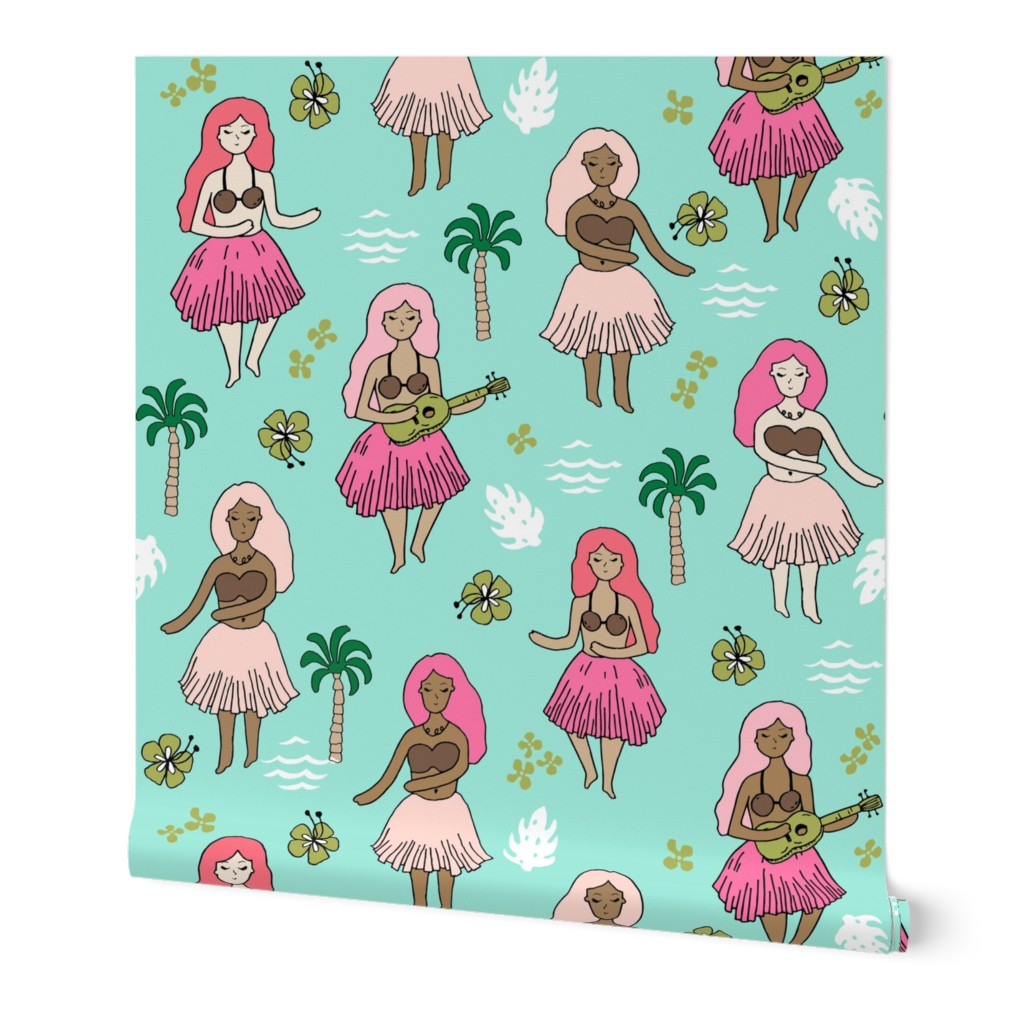 hula girls // bright mint hula girl tropical fun print cute girls summer retro cabana wear hawaii design