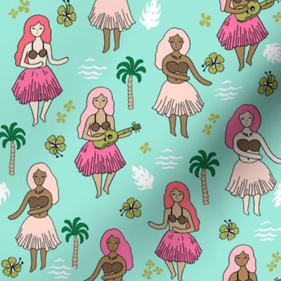 hula girls // bright mint hula girl tropical fun print cute girls summer retro cabana wear hawaii design