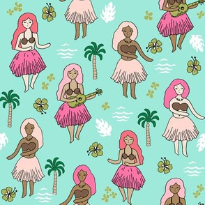 hula girls // bright mint hula girl tropical fun print cute girls summer retro cabana wear hawaii design