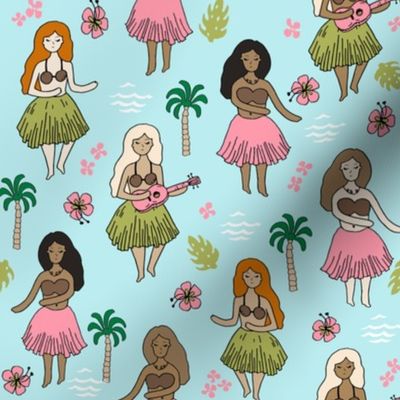 hula // hula girls light blue summer tropical surf design cute summer fabrics hawaiian fabric