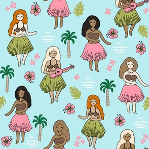 hula // hula girls light blue summer tropical surf design cute summer fabrics hawaiian fabric
