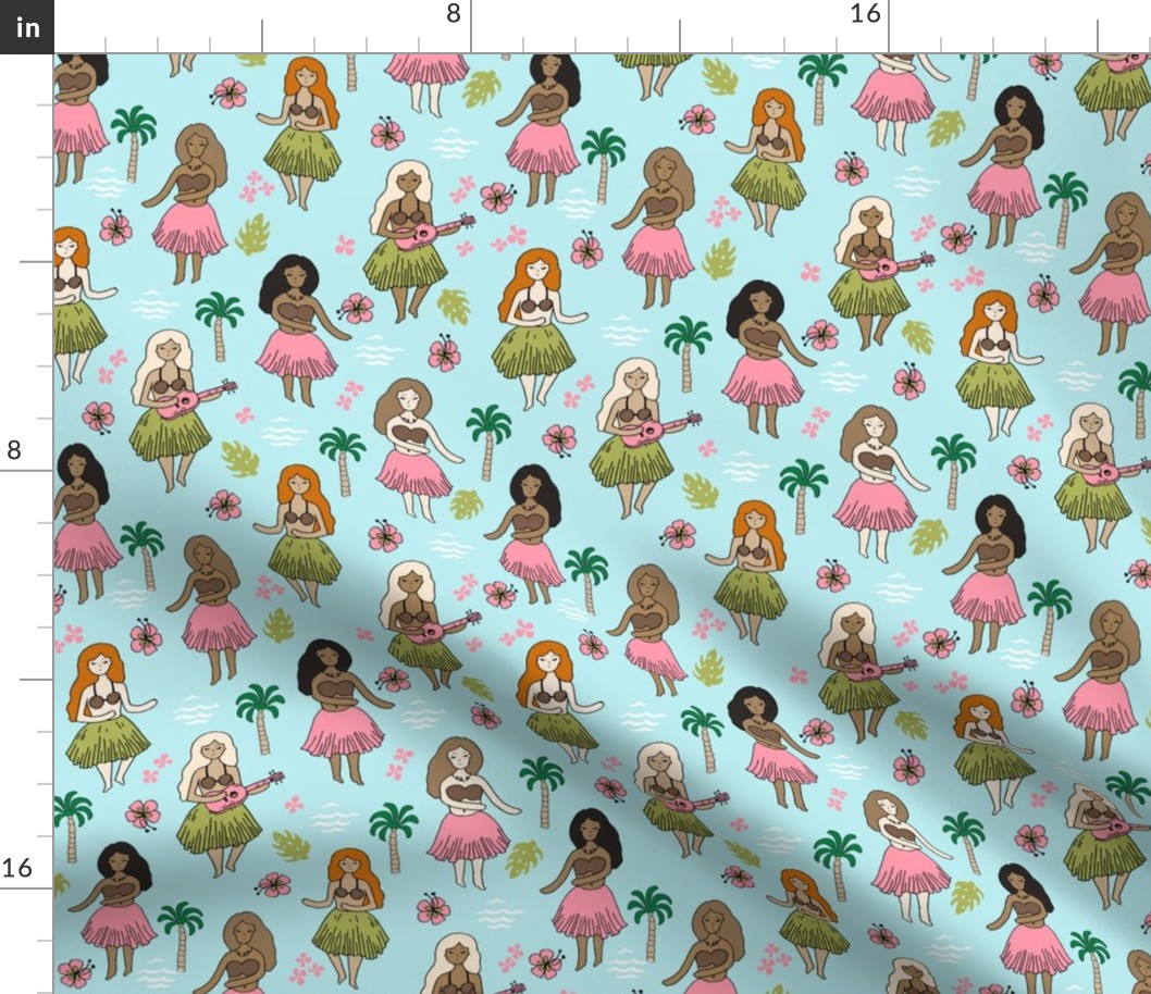 hula // hula girls light blue summer tropical surf design cute summer fabrics hawaiian fabric