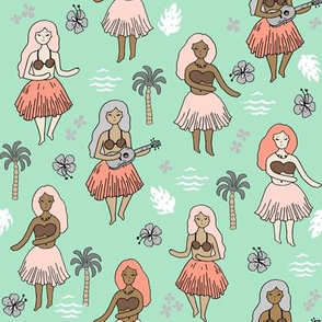 hula girls // mint and coral summer surf design tropical hawaii fabric