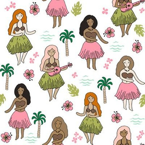 hula girls //white mint pink fabric cute girls summer tropical design best summer fabric  cute design