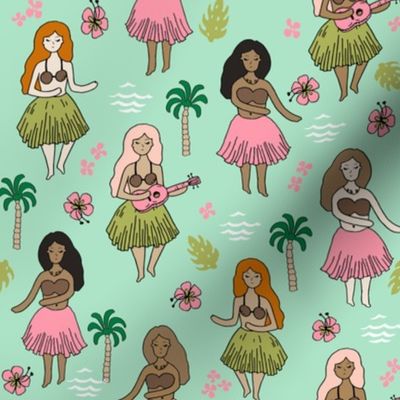 hula girls // mint and pink hula girl hawaii fabric cute hawaiian surf summer tropical design 