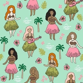 hula girls // mint and pink hula girl hawaii fabric cute hawaiian surf summer tropical design 