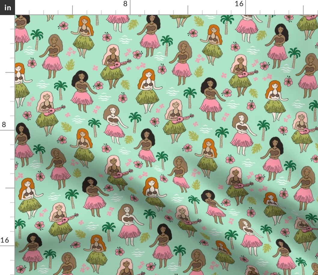 hula girls // mint and pink hula girl hawaii fabric cute hawaiian surf summer tropical design 