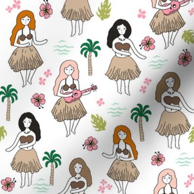 hula girls // simple summer surf retro fabric white background girls surf summer design