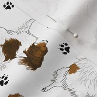 Trotting Papillons and paw prints - white