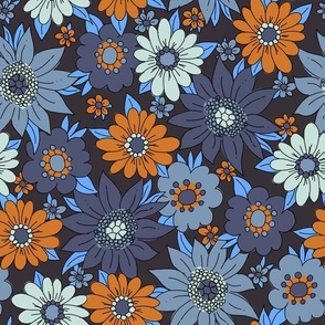 Dark Retro Floral in Blue brown mint 70s fall vintage flowers