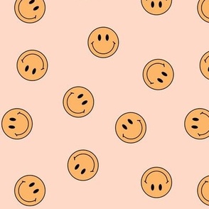 Small Tossed Muted Smiley Faces in Yellow on Peachy Pink