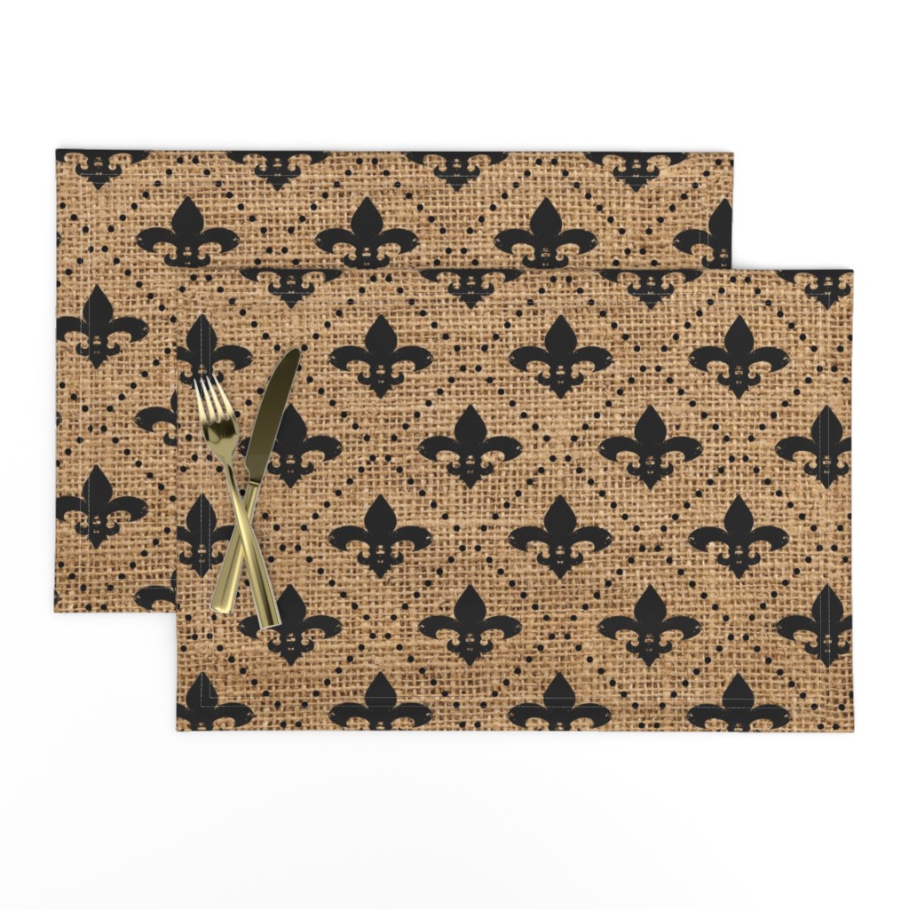 Fleur de Lis Black with dots on Burlap