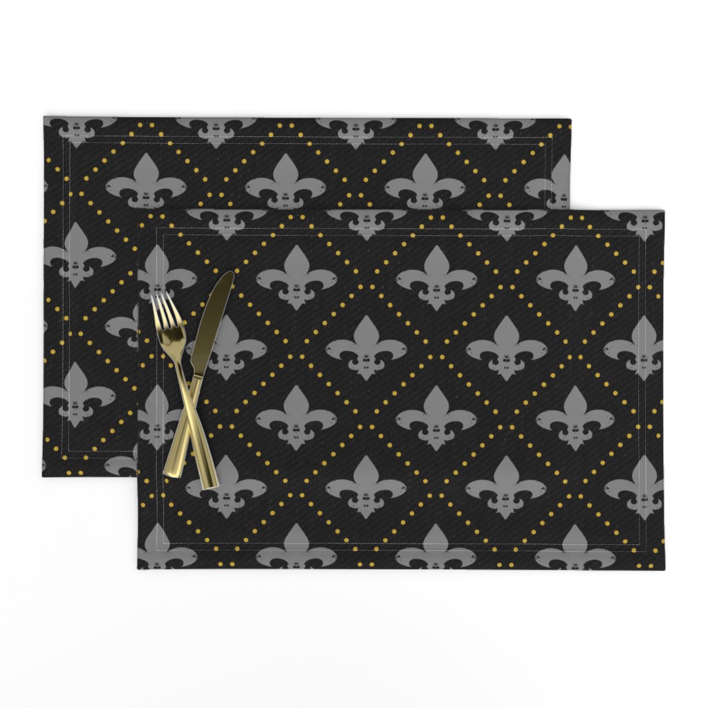 Fleur de Lis Grey Yellow dots on black