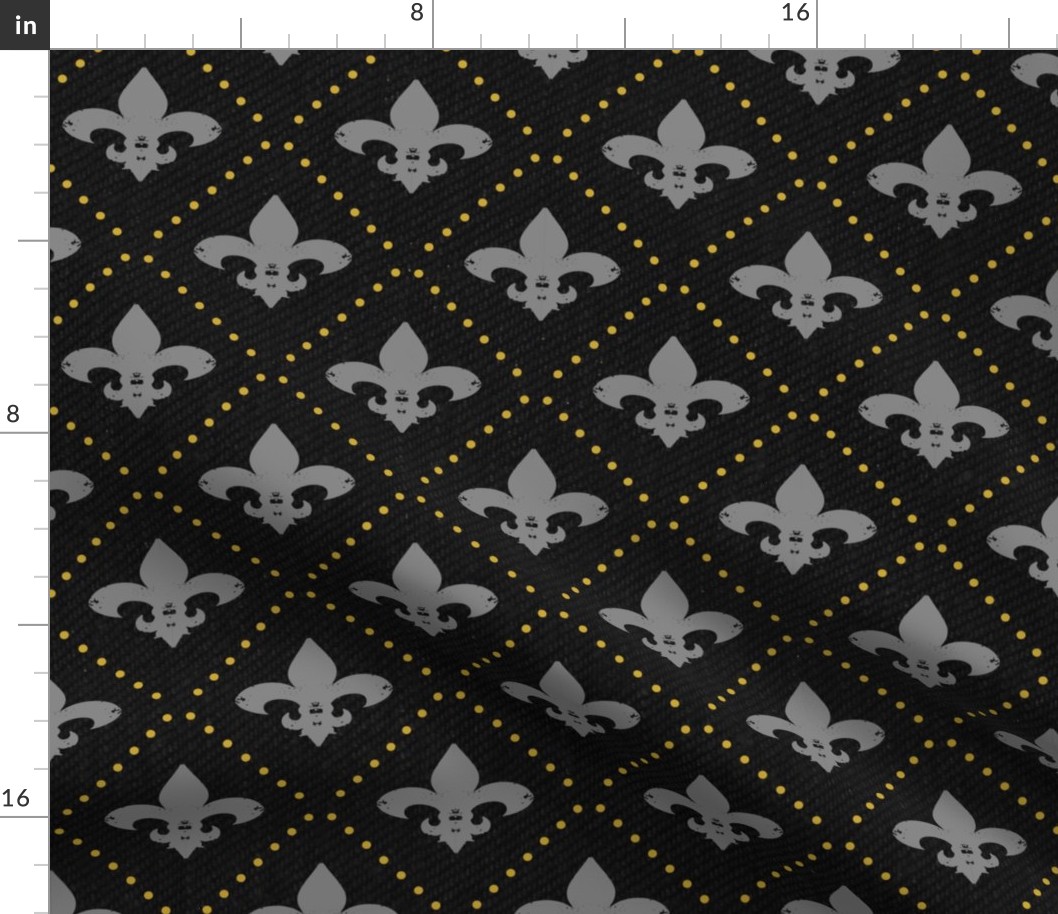 Fleur de Lis Grey Yellow dots on black