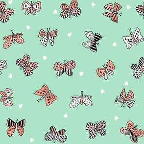 spring butterflies // nature botanical coral and mint girls butterflies spring garden fabric