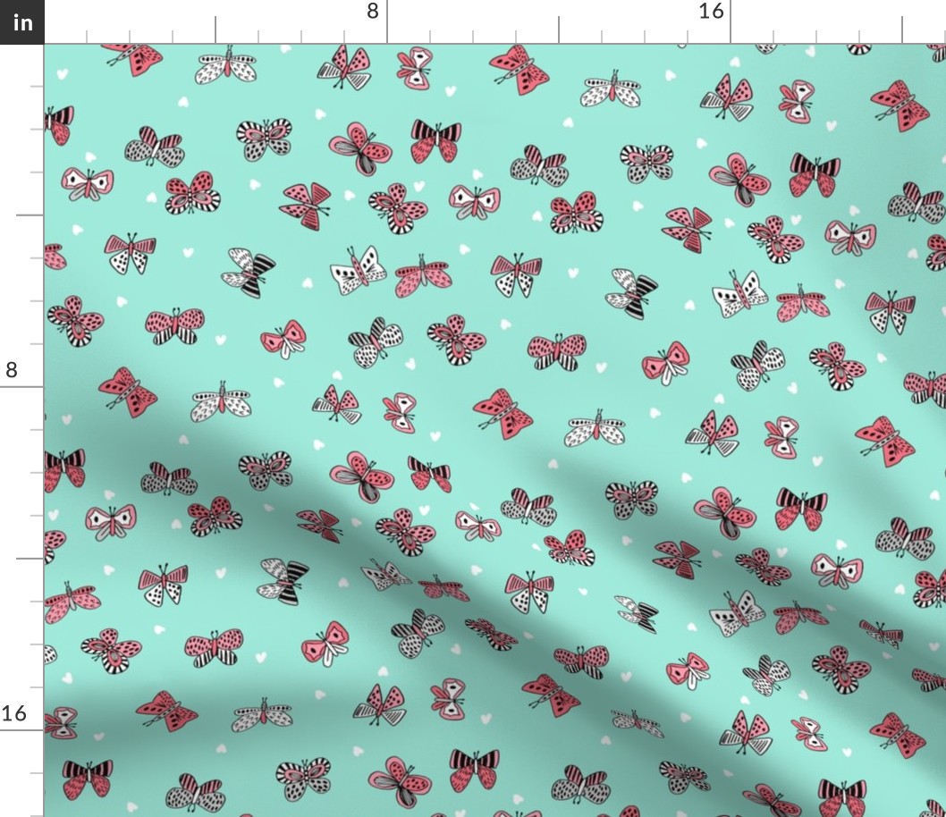 spring butterflies // cute girls pink and mint butterfly fabric spring butterflies design