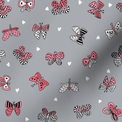 spring butterflies //grey and pink botanical nature fabric girls spring hearts butterflies design