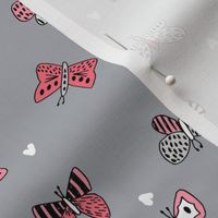 spring butterflies //grey and pink botanical nature fabric girls spring hearts butterflies design