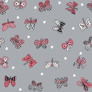 spring butterflies //grey and pink botanical nature fabric girls spring hearts butterflies design