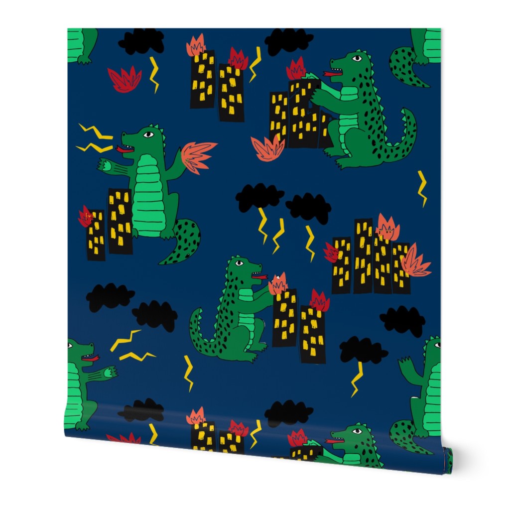 godzilla // navy blue godzilla scary movie fabric fire destruction kids funny fabric