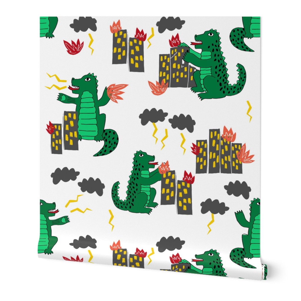 godzilla //scary monster fabric green scary dino fabric kids movie film design