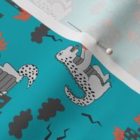 godzilla // turquosie and grey godzilla fabric funny kids design scary movie monsters fabric