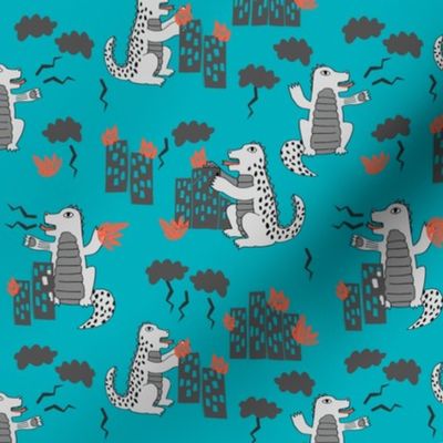 godzilla // turquosie and grey godzilla fabric funny kids design scary movie monsters fabric