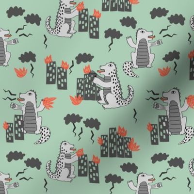 godzilla // mint and grey godzilla scary fabric monsters design scary kids movie design