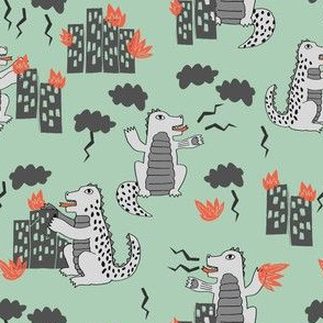 godzilla // mint and grey godzilla scary fabric monsters design scary kids movie design