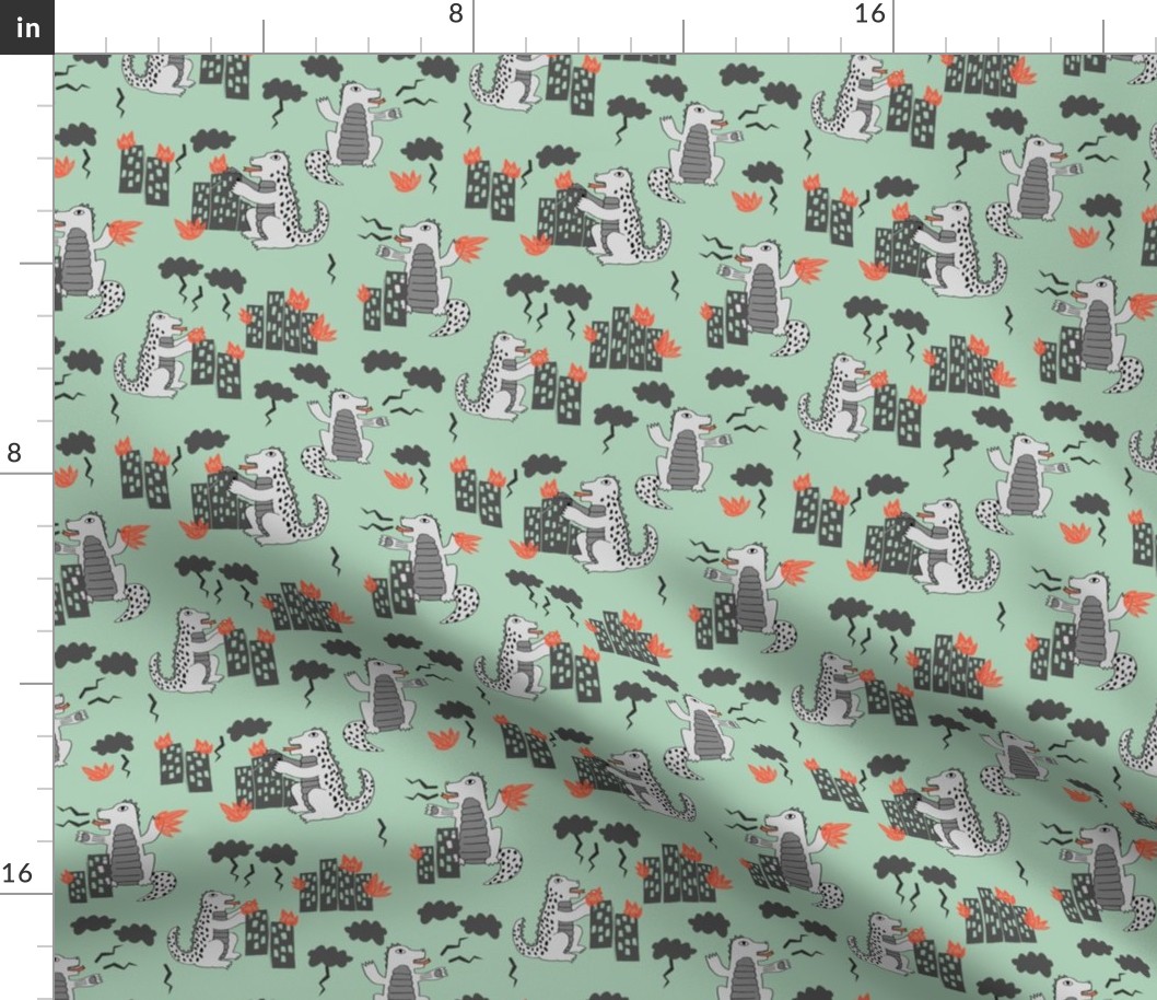 godzilla // mint and grey godzilla scary fabric monsters design scary kids movie design