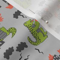 godzilla // grey and lime monsters fabric scary movie fabric kids scary design monsters