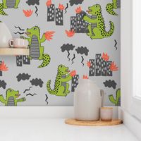 godzilla // grey and lime monsters fabric scary movie fabric kids scary design monsters