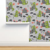 godzilla // grey and lime monsters fabric scary movie fabric kids scary design monsters