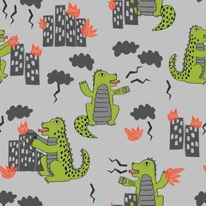 godzilla // grey and lime monsters fabric scary movie fabric kids scary design monsters