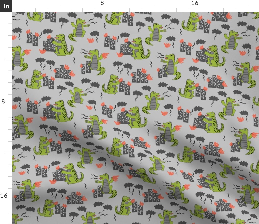 godzilla // grey and lime monsters fabric scary movie fabric kids scary design monsters