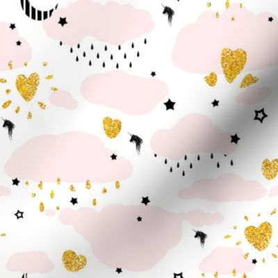 Unicorn Clouds - Pink Clouds - Gold Glitter Hearts
