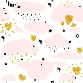 Unicorn Clouds - Pink Clouds - Gold Glitter Hearts