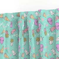 drive thru // pastel drive thru space alien 80s 90s design pizza aliens food fabric