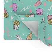 drive thru // pastel drive thru space alien 80s 90s design pizza aliens food fabric