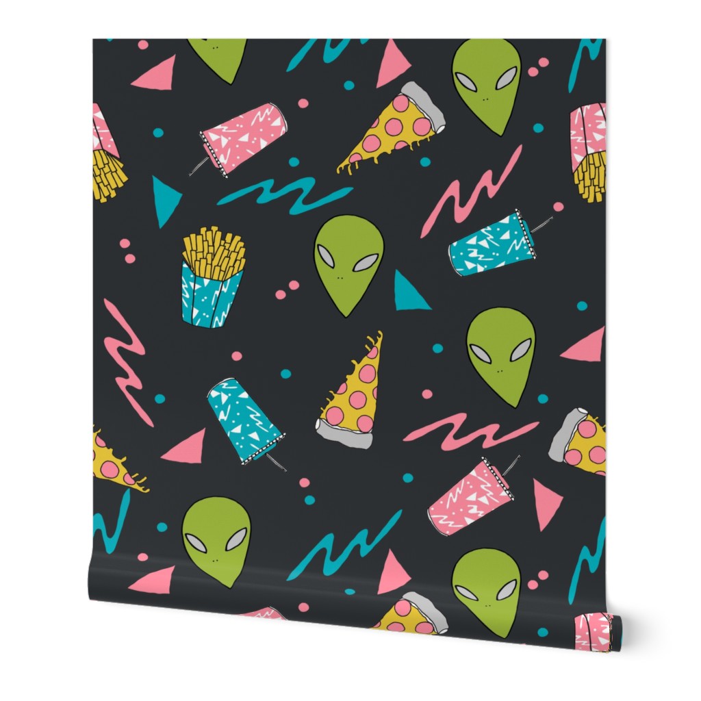 drive thru // charcoal space alien fabric junk food french fries fabric 