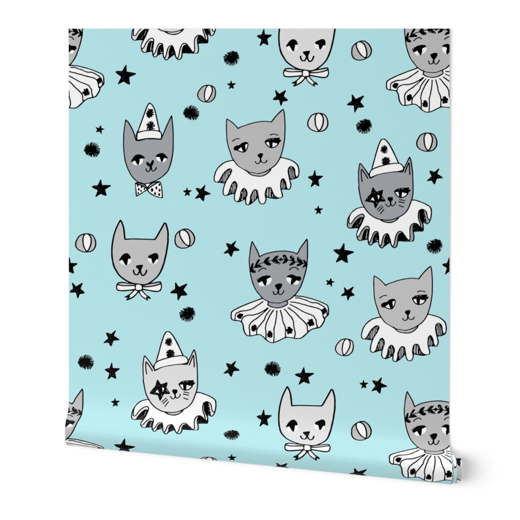 circus cats // baby blue pastel fabric cats kooky pierrot fabric