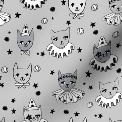 kooky cats // circus magic cats grey fabric cute cat design stars pierrot fabric