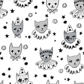kooky cats // white kooky circus pierrot fabric magic cat lady design
