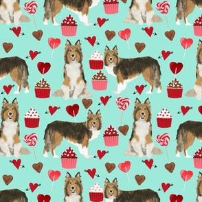 sheltie fabric love dogs valentines day fabric shetland sheepdog design - aqua