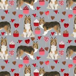 sheltie fabric love dogs valentines day fabric shetland sheepdog design - grey