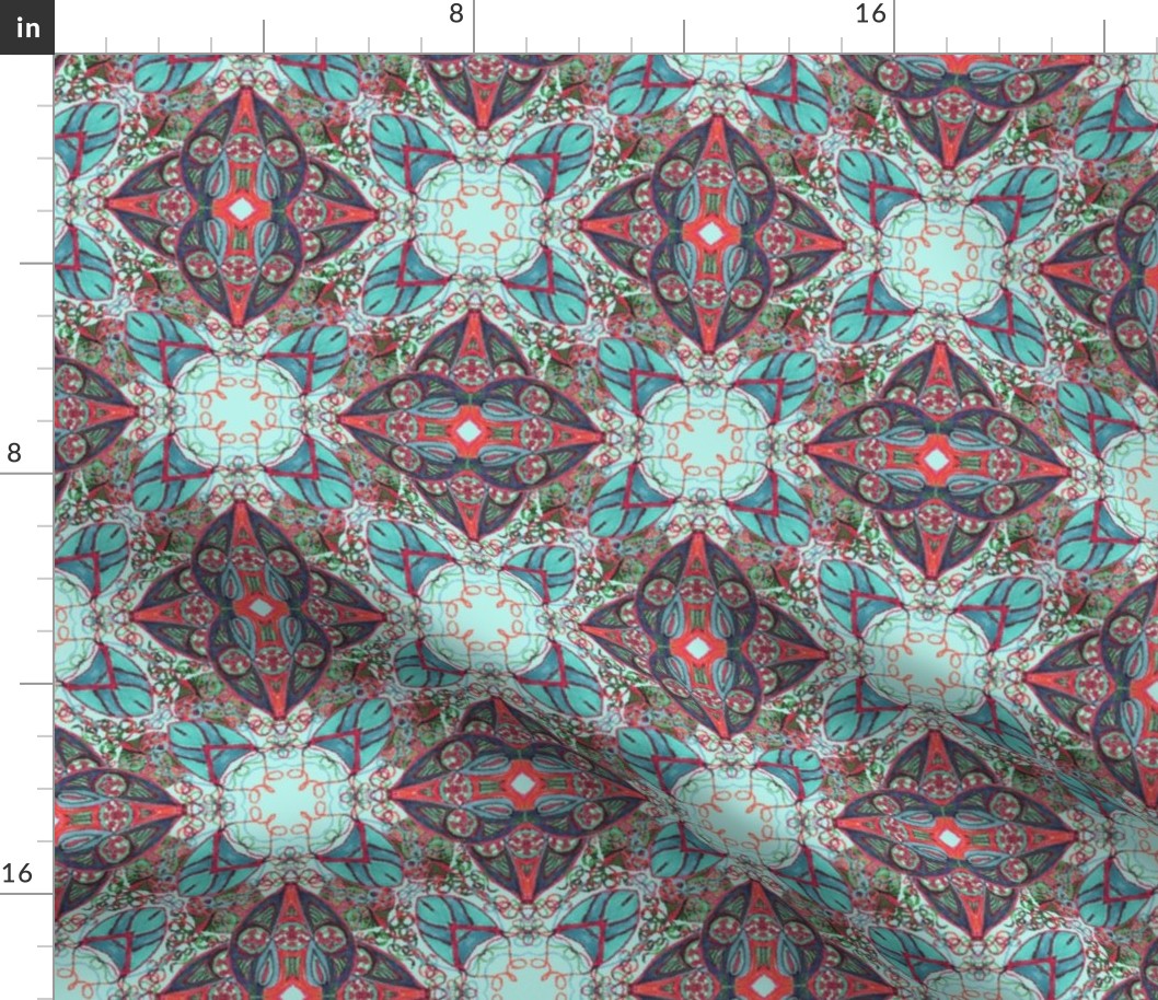 Old Fashioned Faux Carpet 2 in Aqua Blue and Red