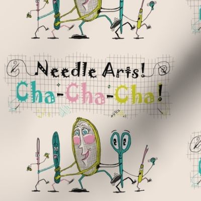 Needle Arts! Cha-Cha-Cha! Quieter version, chartreuse lime green pink turquoise blue cream black