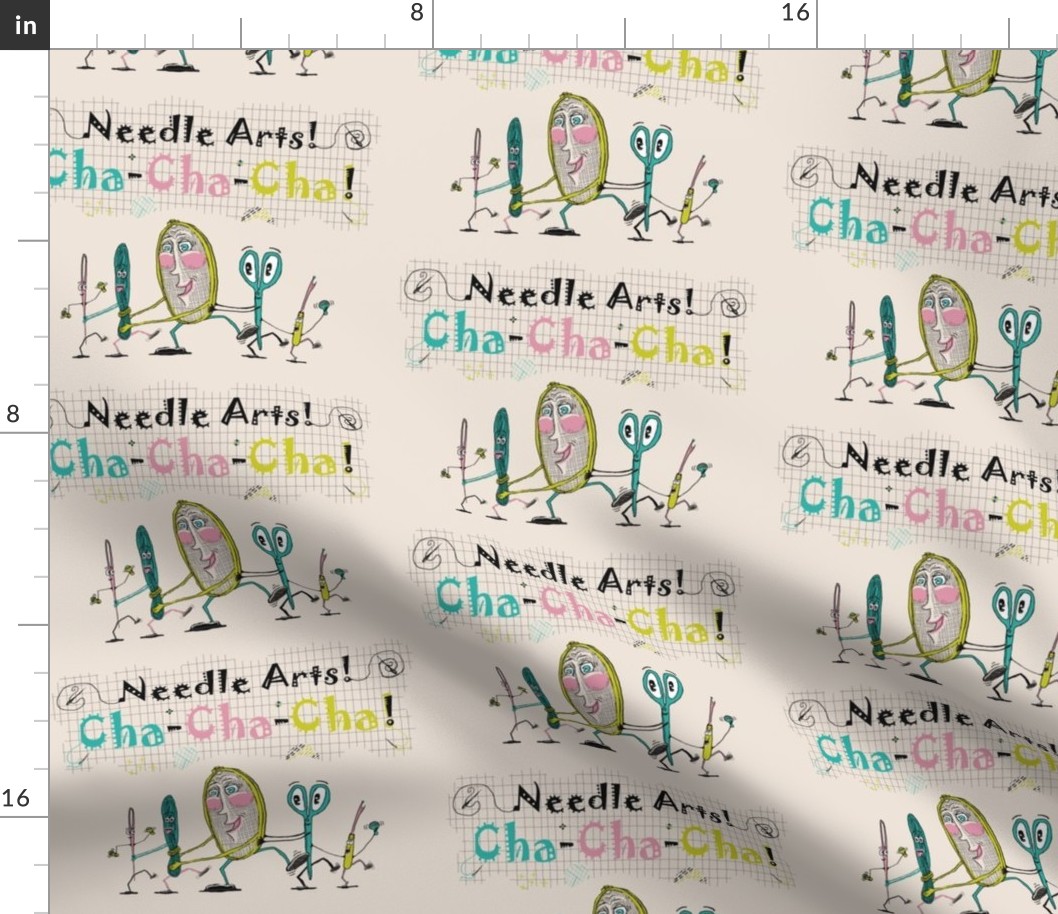 Needle Arts! Cha-Cha-Cha! Quieter version, chartreuse lime green pink turquoise blue cream black
