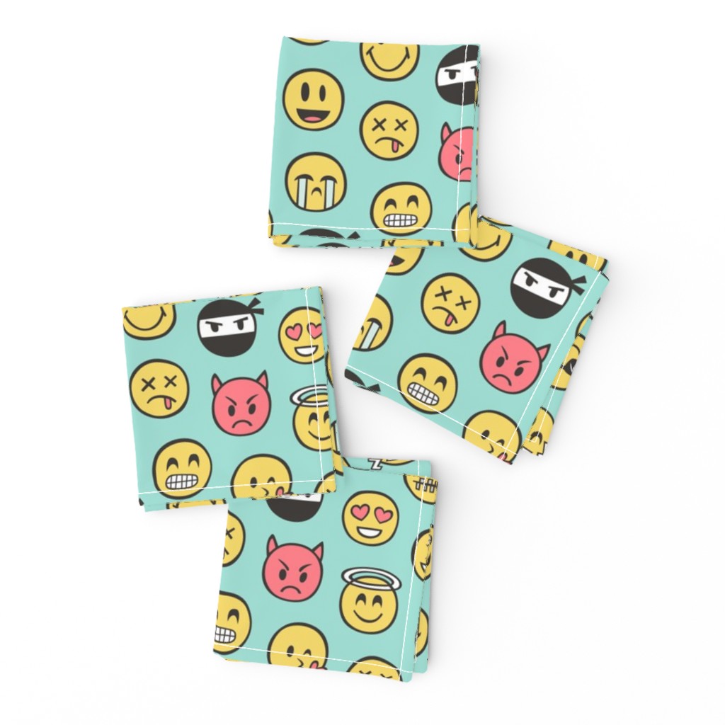 Smiley Emoticon Emoji Doodle on Mint Green